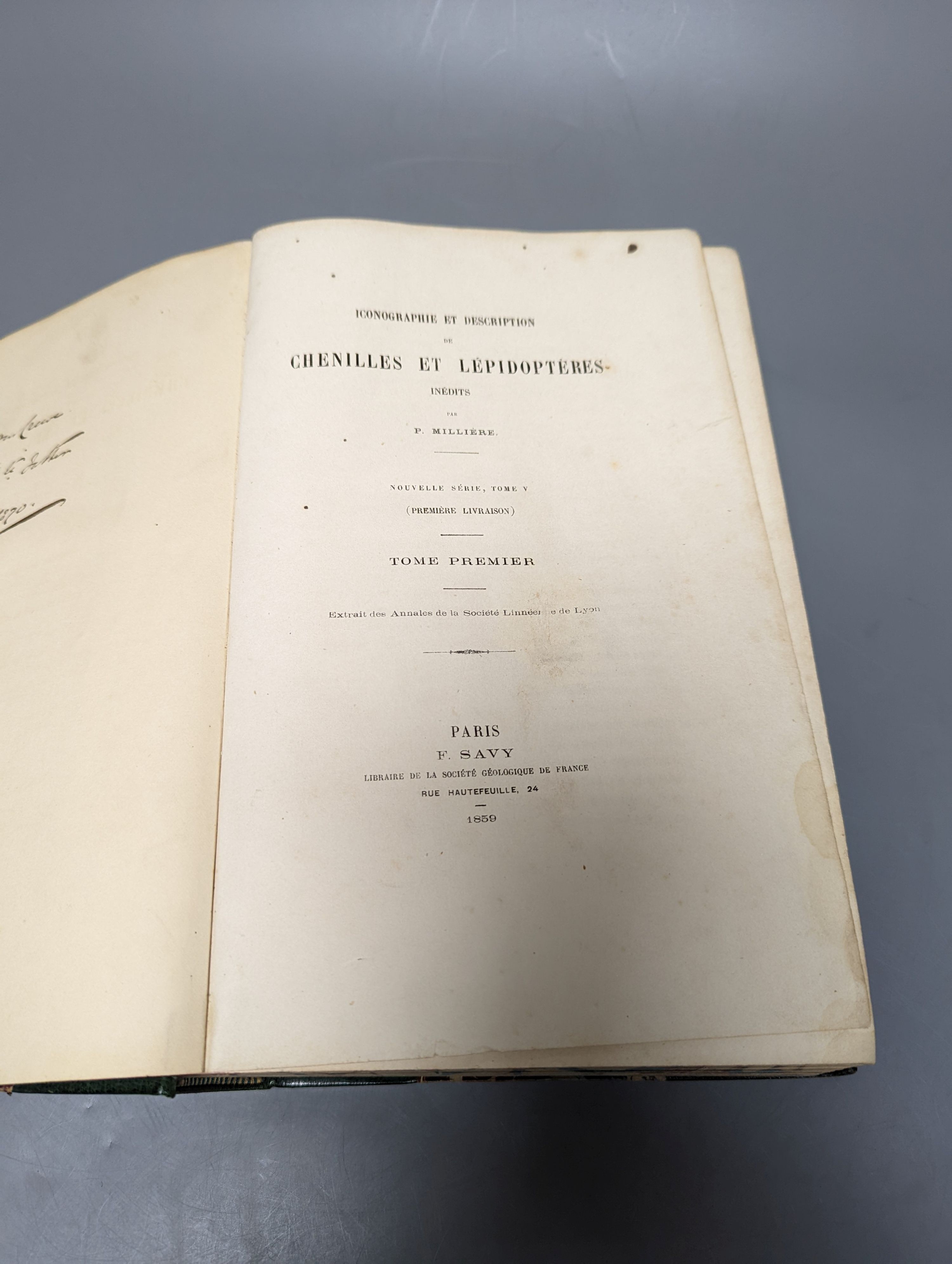 Milliere, P - Iconographie et Description de Chenilles et Lepidopteres ... vols 1 and 2 (ex 3) bound together in one vol. 84 hand-coloured plates; contemp. green half morocco and